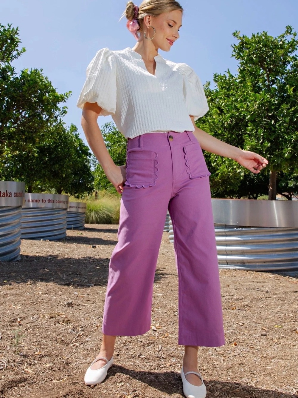 Glam Purple Scallop Pocket High Rise Wide Leg Crop Pants Size Large NWT